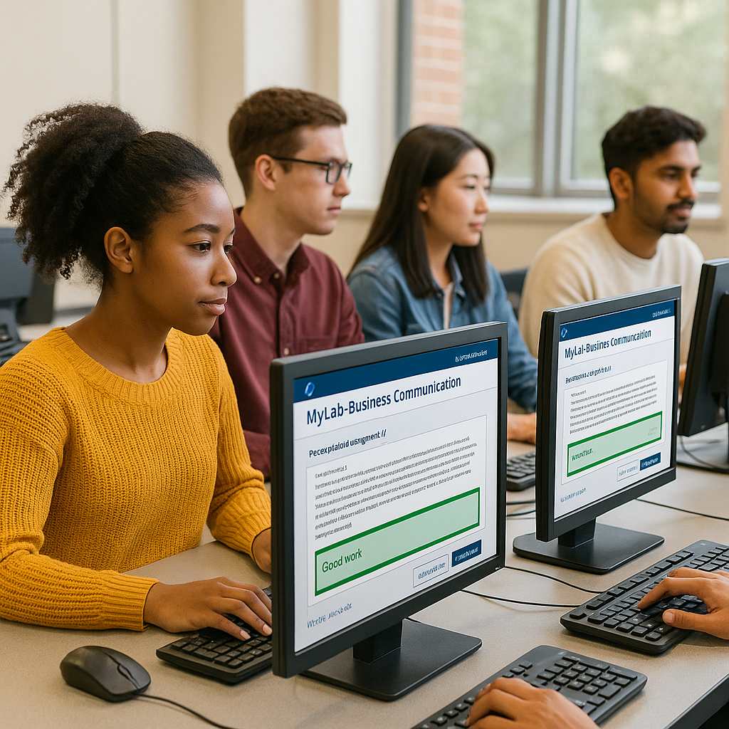 Students in a computer lab using laptops to access interactive learning tools from MyLab Business Communication.
