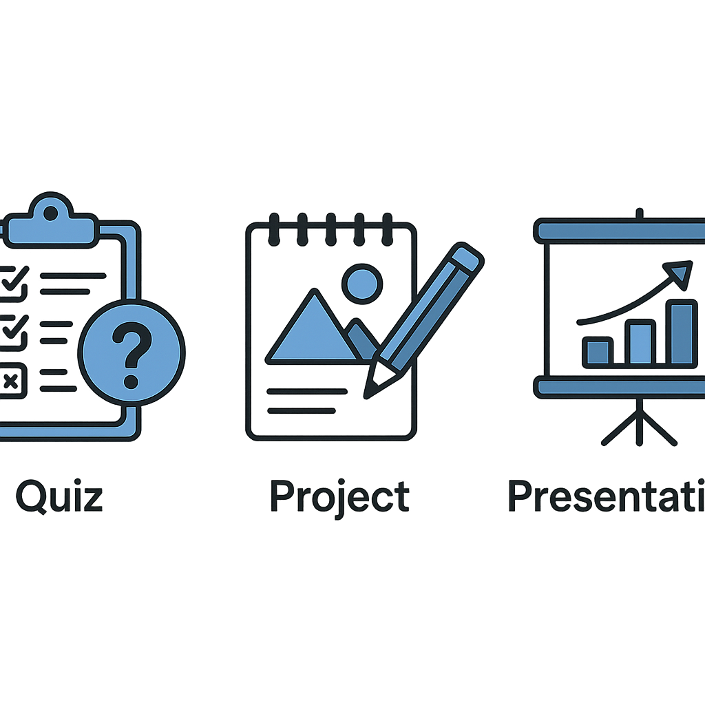 Icons representing quizzes, projects, and presentations as diverse assessment methods in educational settings.