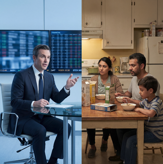 Image symbolizing a disconnect between executive messaging and consumer sentiment during an inflationary cost-of-living crisis.