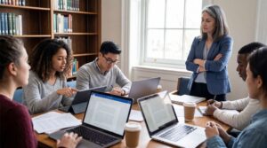 Students collaboratively evaluating communication drafts illustrating critical thinking and ethical judgment in AI assisted business communication