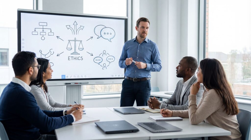 Business communication instructor leading a discussion on future ready AI principles using conceptual frameworks rather than specific technology tools