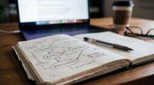 Close up of a notebook or tablet on a desk showing hand drawn diagrams labeled with concepts such as Judgment Audience Ethics and Verification A blurred laptop screen in the background suggests technology without showing any interface The focus is on thinking planning and decision making rather than execution