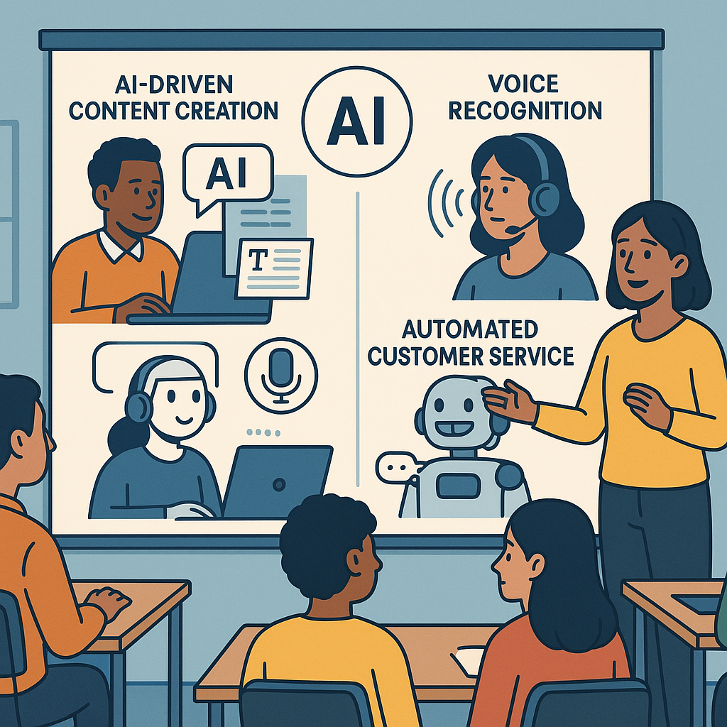 Illustration of diverse students learning AI technologies used in business communication such as content creation and voice recognition in a classroom setting