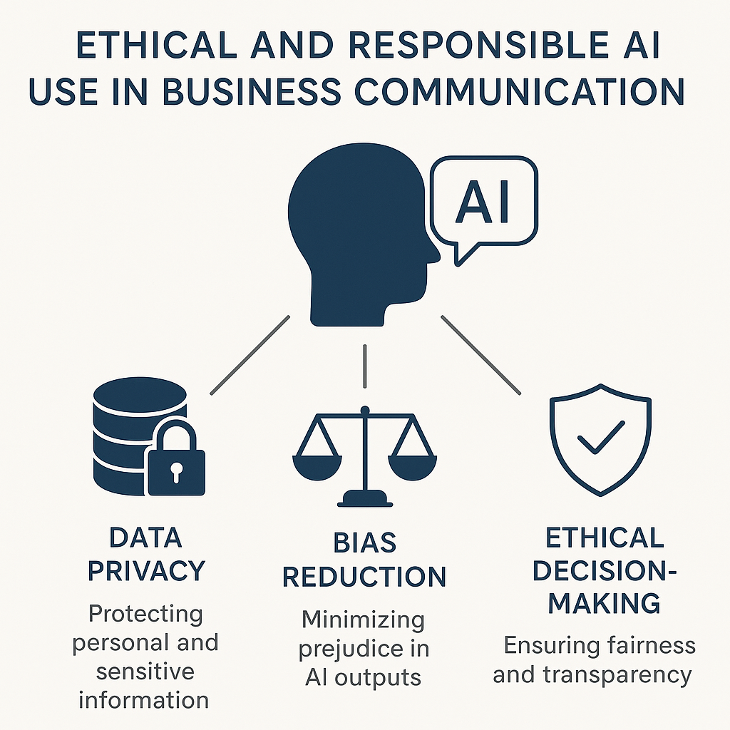 Diagram showing ethical AI considerations like data privacy bias reduction and ethical decision making in business