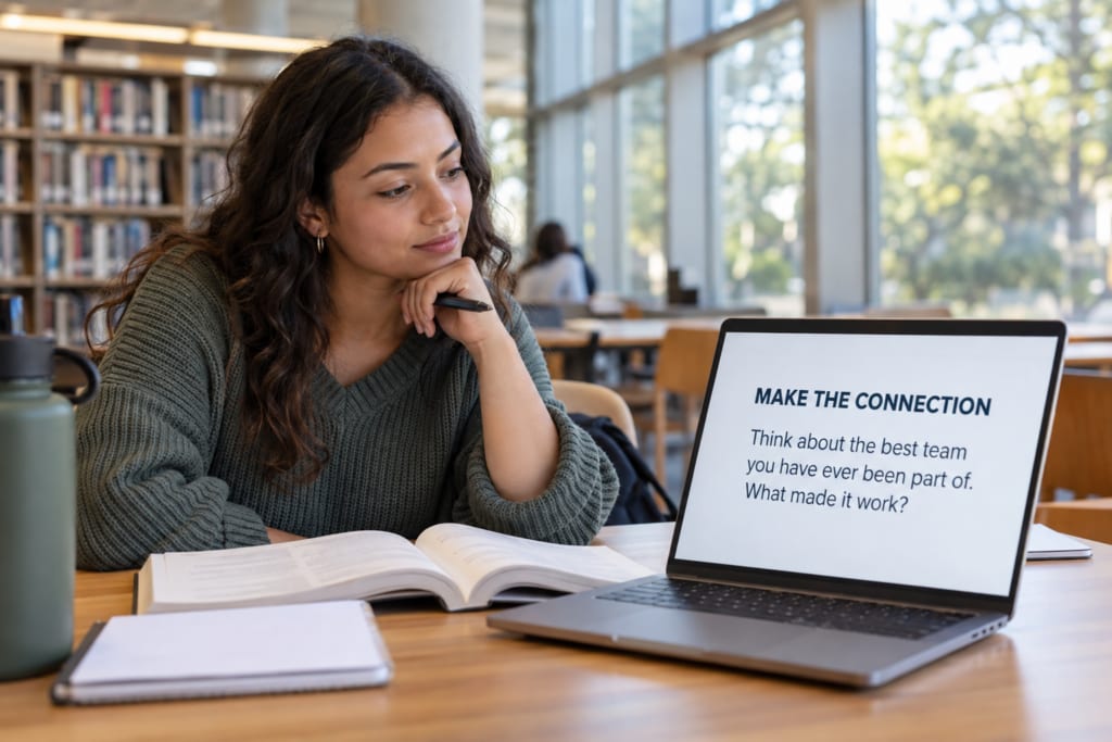 College student in a library considers a Make the Connection question about a past team experience before reading a business communication chapter