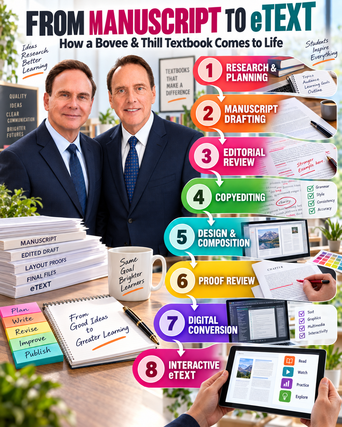 ms to etext Bovee Thill Bovee Thill Business Communication Blog Courtland Bovee and John Thill beside an eight step infographic showing how their textbooks progress from research and manuscript drafting to editing design digital conversion and an interactive eText